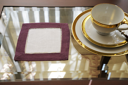 White Hemstitch cocktail Napkin with Grape Kiss color trims